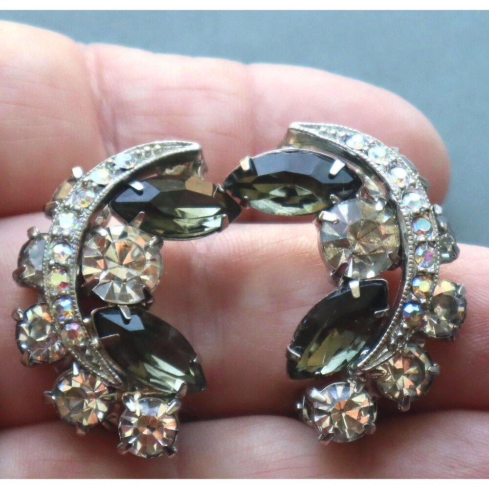 Juliana Black Diamond Rhinestone Earrings Crescents Gray Rhinestones